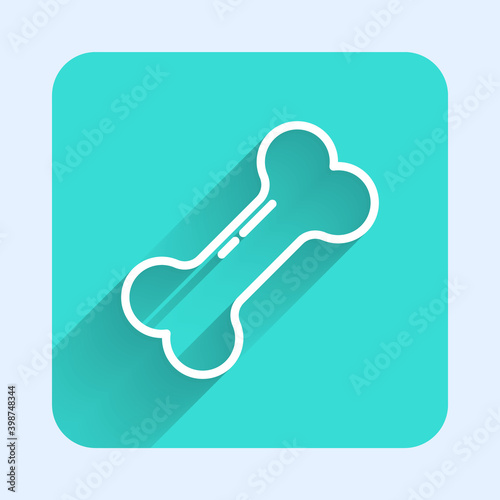 White line Dog bone icon isolated with long shadow. Pets food symbol. Green square button. Vector.