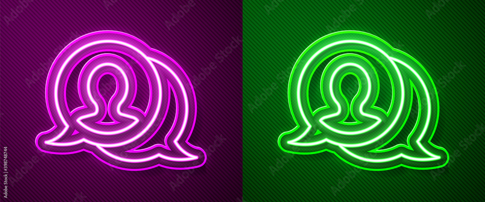 Glowing neon line Speech bubble chat icon isolated on purple and green background. Message icon. Communication or comment chat symbol. Vector. Glowing neon line Speech bubble chat icon isolated on purple and green background. Message icon. Communication or comment chat symbol. Vector.