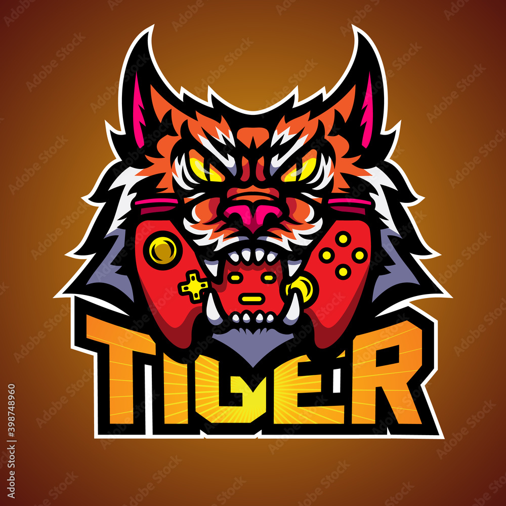 The tiger bite a game pad, Mascot logo vector illustration.