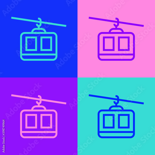 Pop art line Cable car icon isolated on color background. Funicular sign.  Vector.