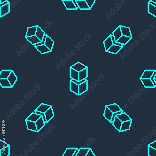 Green line Blockchain technology icon isolated seamless pattern on blue background. Cryptocurrency data. Abstract geometric block chain network technology business. Vector.