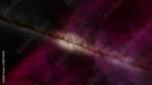 Exploration of galaxies through outer space towards a bright milky-way galaxy. 4K looping animation of flying through bright nebulae, clouds, and star fields. 