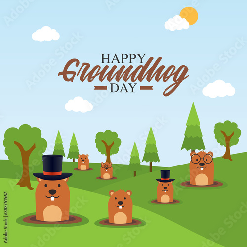 vector graphic of happy groundhog day good for groundhog day celebration. flat design. flyer design.flat illustration.