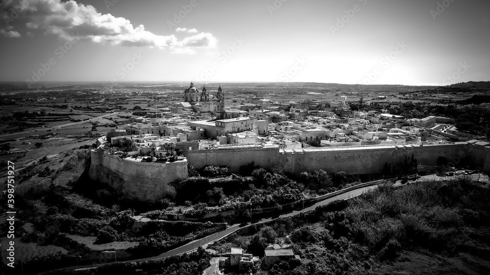 Aerial view over the historic city of Mdina in Malta - aerial photography