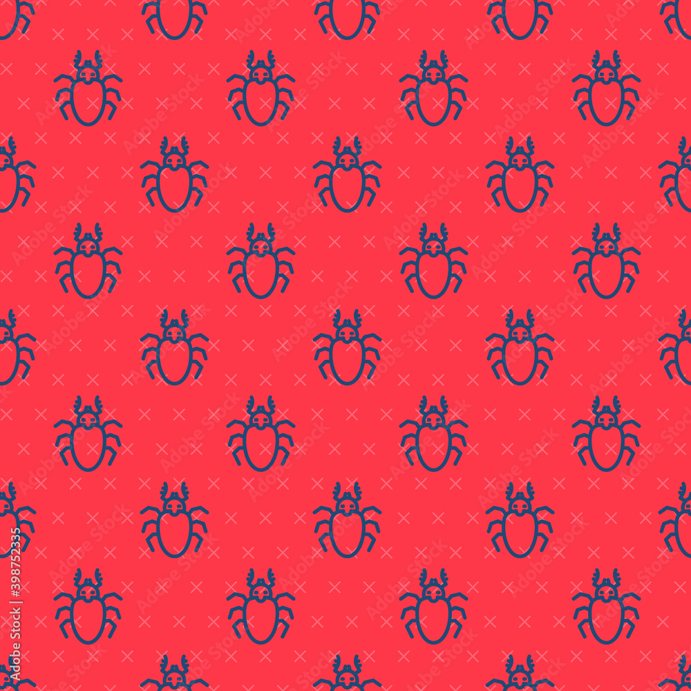 Blue line Beetle deer icon isolated seamless pattern on red background. Horned beetle. Big insect.  Vector.