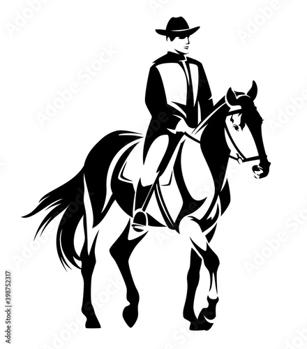 american cowboy riding a horse - black and white wild west theme vector design