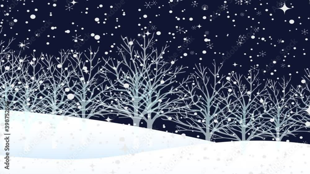 Snowing night landscape video animation