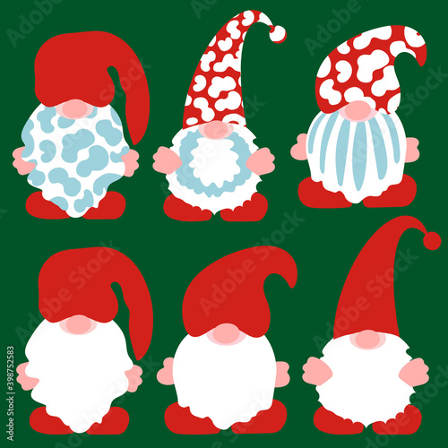 Bundle of Christmas Leopard Gnomes on green background. Trendy holidays design. Cartoon Gnome for Christmas DIY. Digital template for sublimation or cutting. Vector illustration.