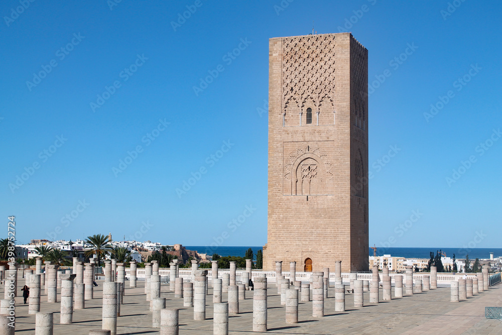 Hassan Tower or Tour Hassan, the minaret of an incomplete mosque in Rabat, Morocco. The tower was intended to be the largest minaret in the world along with the mosque.