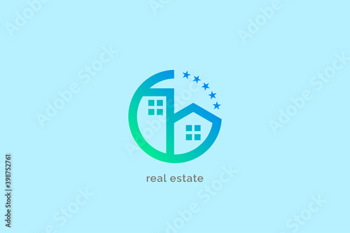 minimalist house building with five star trendy color logo for real estate and construction