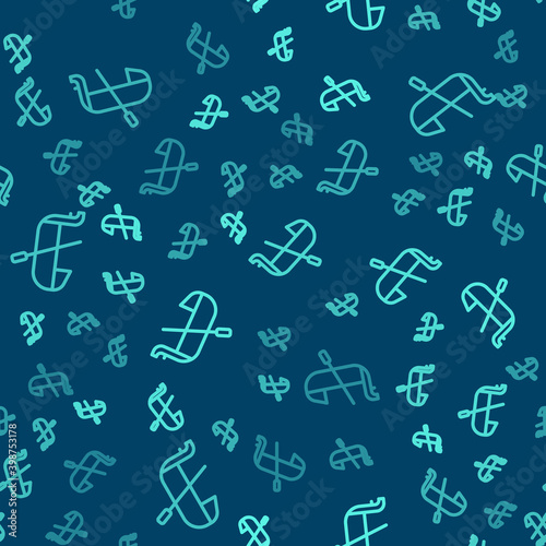 Green line Gondola boat italy venice icon isolated seamless pattern on blue background. Tourism rowing transport romantic.  Vector.