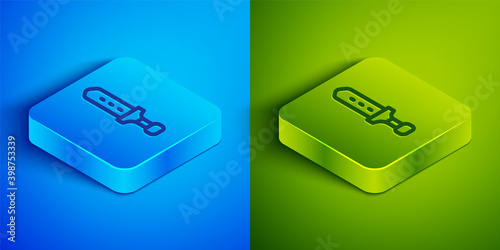 Isometric line Medieval sword icon isolated on blue and green background. Medieval weapon. Square button. Vector.