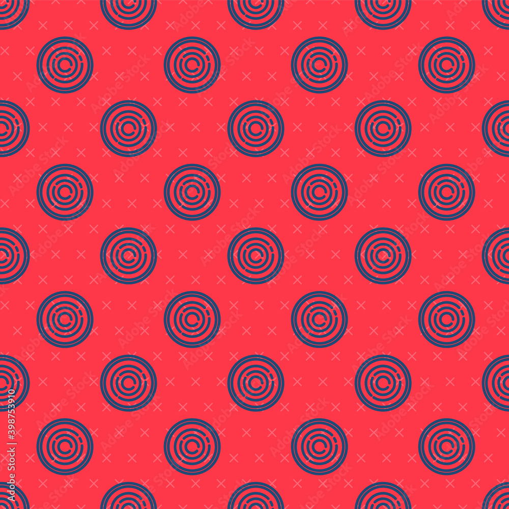 Fototapeta premium Blue line Checker game chips icon isolated seamless pattern on red background. Vector.