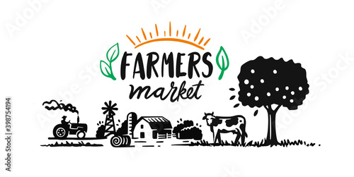 Farm with cow, tree and house. Farmer market text
