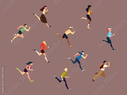 people running race, training to marathon or jogging