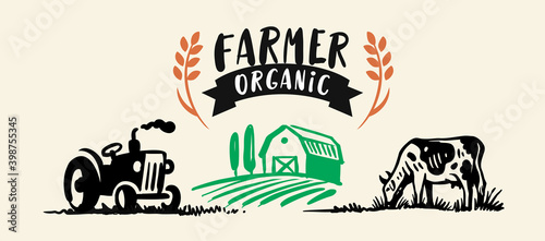 Farm with cow, tree and house. Farmer market text