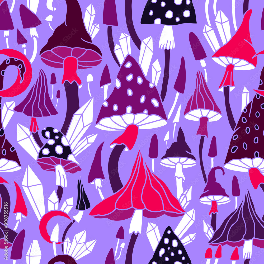 Amanita,crystals and moon print on a lilac background. Bright,hallucinogenic,decorative,fantastic mushrooms. Psychedelic mushroom seamless pattern.Vector hand drawn illustration for printing on fabric Amanita,crystals and moon print on a lilac background. Bright,hallucinogenic,decorative,fantastic mushrooms. Psychedelic mushroom seamless pattern.Vector hand drawn illustration for printing on fabric