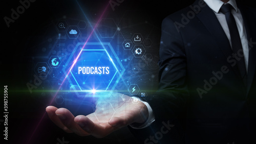 Man hand holding PODCASTS inscription, social media concept