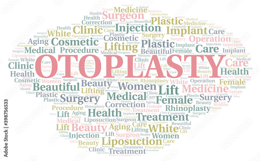 Otoplasty typography word cloud create with the text only. Type of plastic surgery