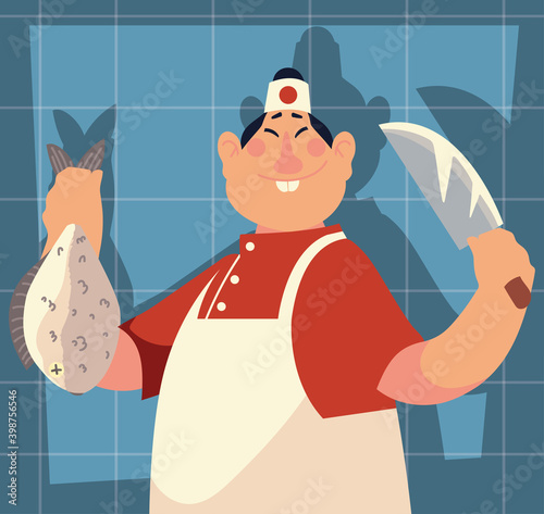 japanese chef holds fish and knife, blue background with shadow