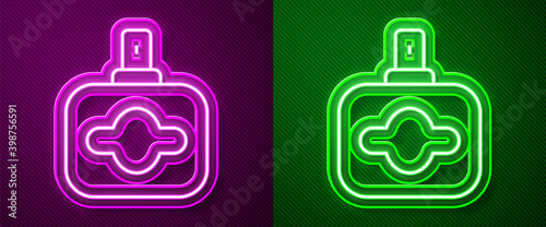 Glowing neon line Perfume icon isolated on purple and green background.  Vector.