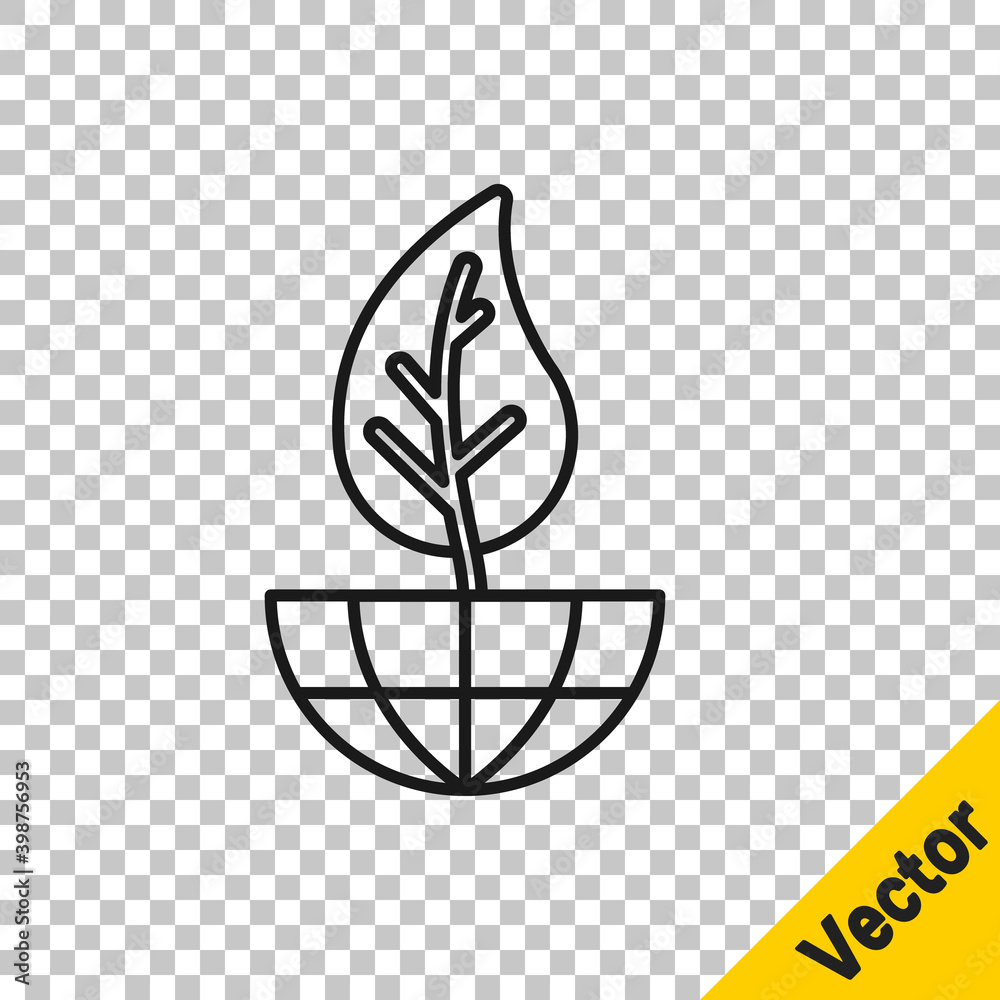 Black line Earth globe and leaf icon isolated on transparent background. World or Earth sign. Geometric shapes. Environmental concept. Vector. Black line Earth globe and leaf icon isolated on transparent background. World or Earth sign. Geometric shapes. Environmental concept. Vector.