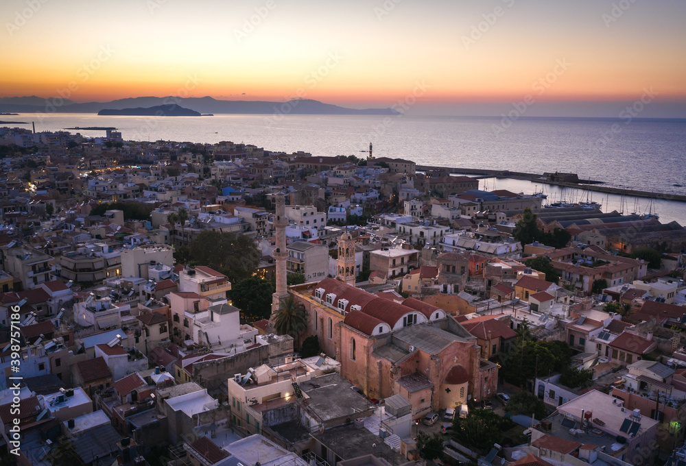 Old Center of Chania Cityscape with Ancient Venetian Port At Blue Hour in Crete, Greece