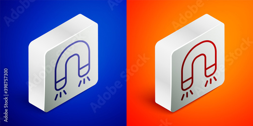 Isometric line Magnet icon isolated on blue and orange background. Horseshoe magnet, magnetism, magnetize, attraction. Silver square button. Vector.