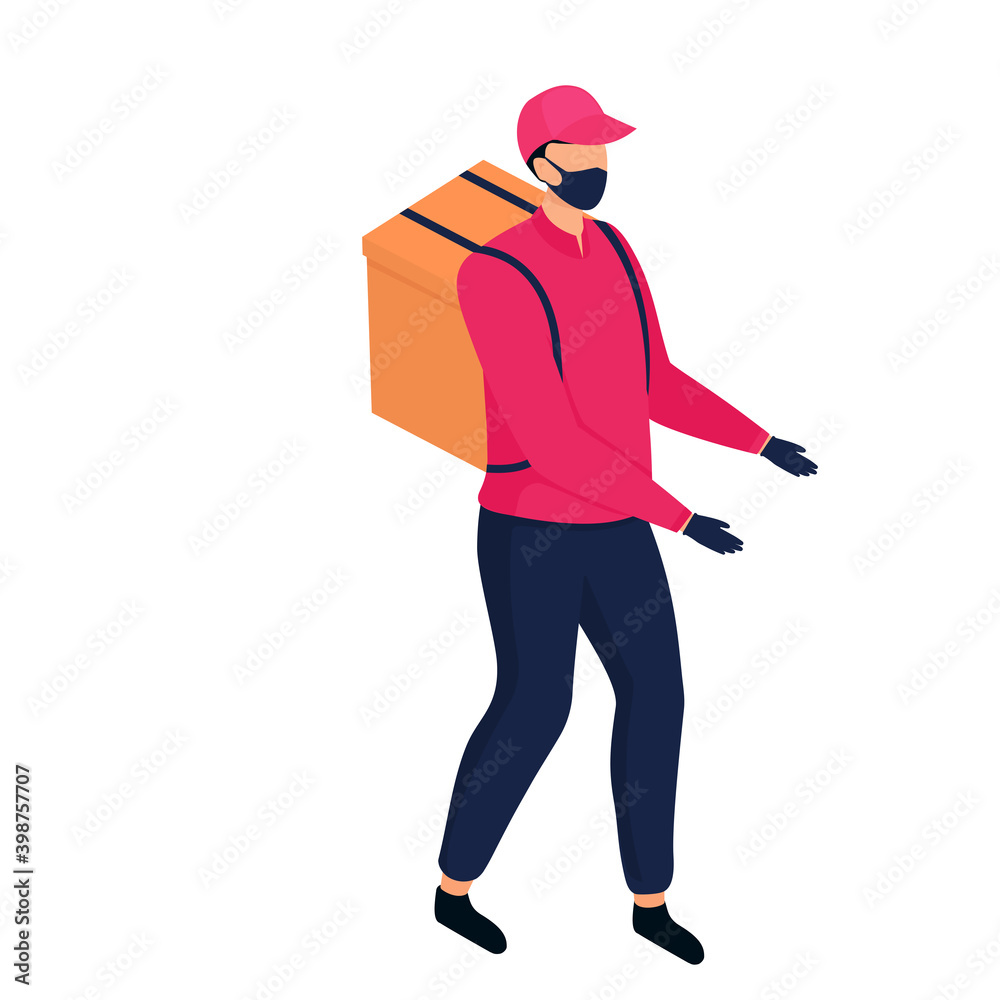 Isometric delivery man in a protective mask delivering parcels by foot Isometric delivery man in a protective mask delivering parcels by foot