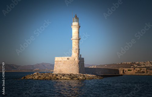 Panorama of Lighthouse in old harbour of Chania at sunset, Crete, Greece