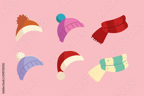 winter hats and scarf knitted accessory clothes icons design