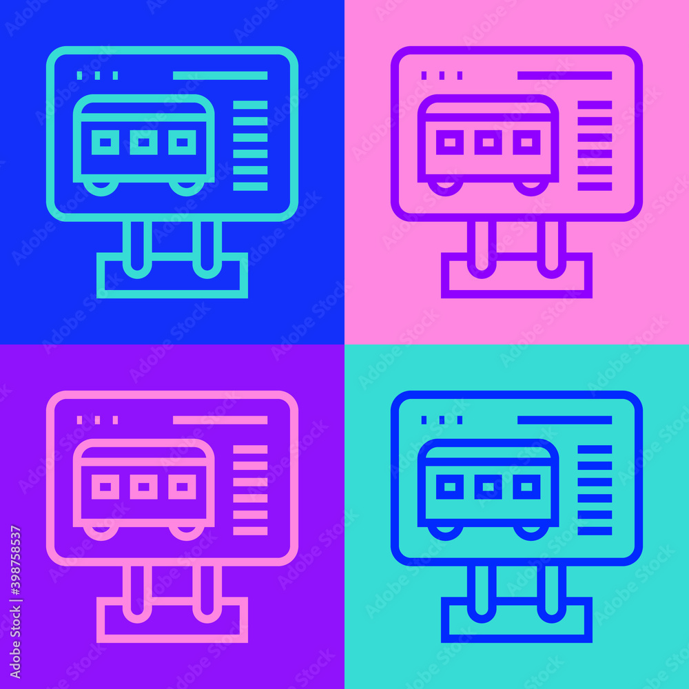 Pop art line Ticket office to buy tickets for train or plane icon isolated on color background. Buying tickets. Ticket service. Vector. Pop art line Ticket office to buy tickets for train or plane icon isolated on color background. Buying tickets. Ticket service. Vector.