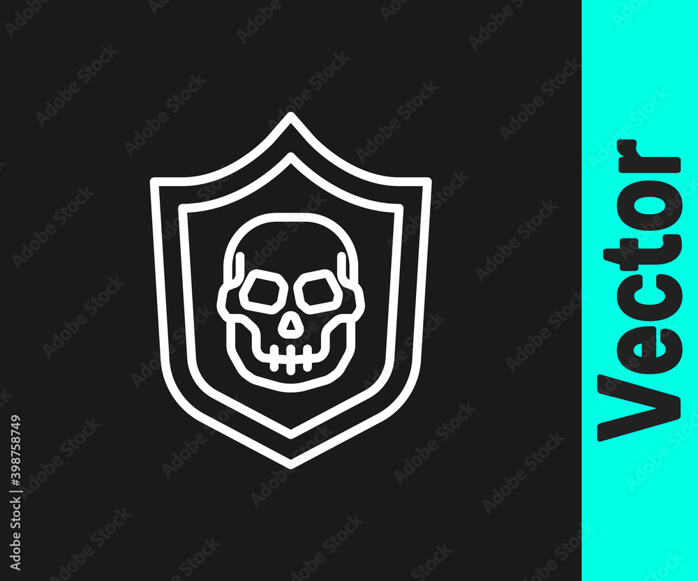 White line Shield with pirate skull icon isolated on black background. Vector. White line Shield with pirate skull icon isolated on black background. Vector.