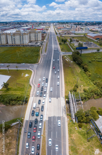 Deputado João Leopoldo Jacomel Highway (PR 415), entrance to Pinhais, the smallest municipality in the state of Paraná. Drone image on the border with Curitiba, capital of the state.