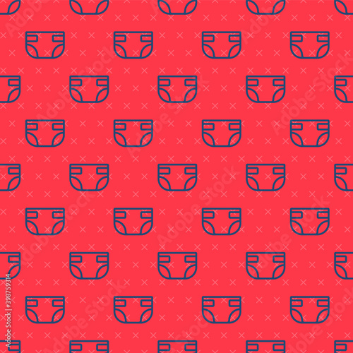 Blue line Baby absorbent diaper icon isolated seamless pattern on red background.  Vector.