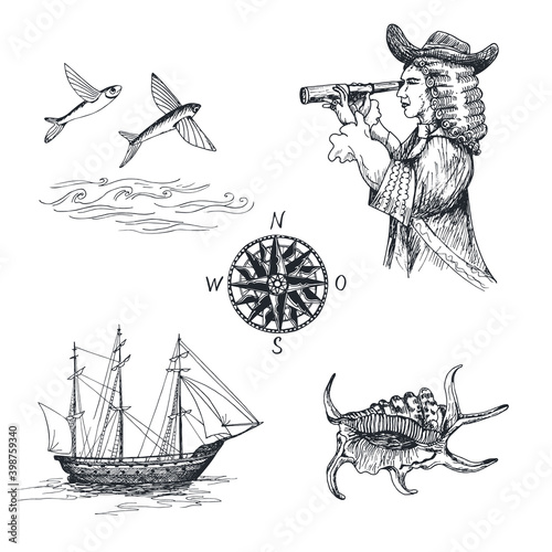 Nautical set. Hand drawn black realistic outline vector illustration.