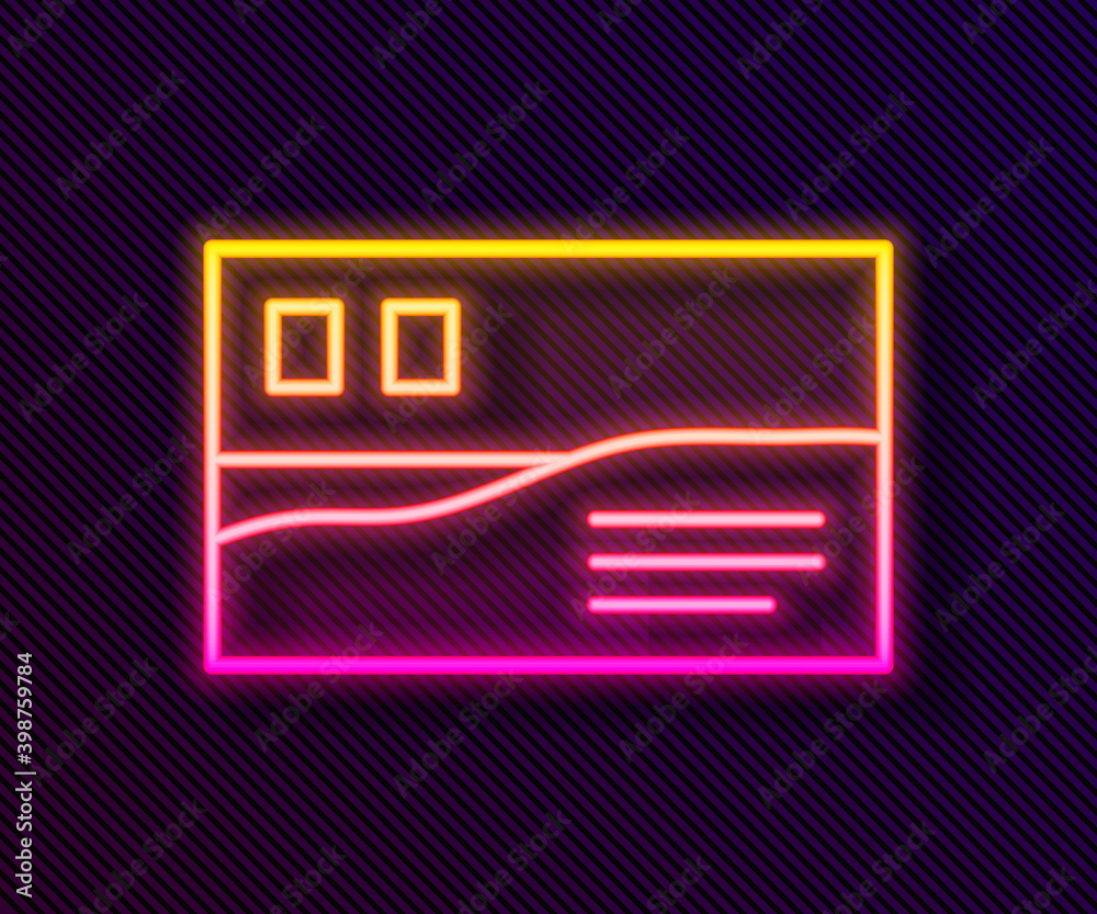 Glowing neon line Postcard travel icon isolated on black background. Vector. Glowing neon line Postcard travel icon isolated on black background. Vector.