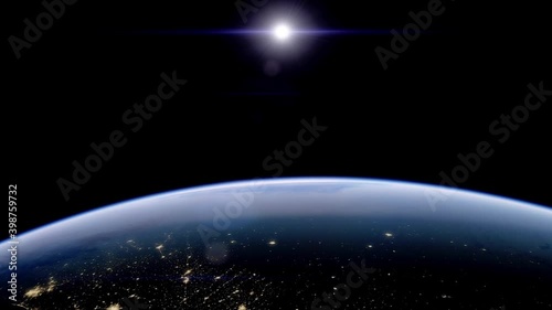 Beautiful sunrise over Earth. View from the space satellite. Cities at night. Change from Night to Day 3d Animation Rising Bright Sun. Modern business and technology concept. 4K Ultra HD.