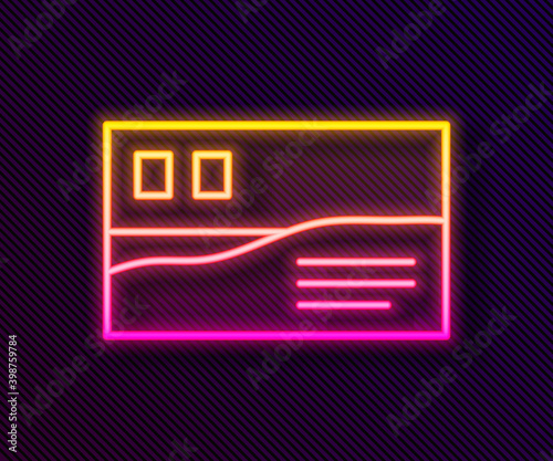 Glowing neon line Postcard travel icon isolated on black background.  Vector.
