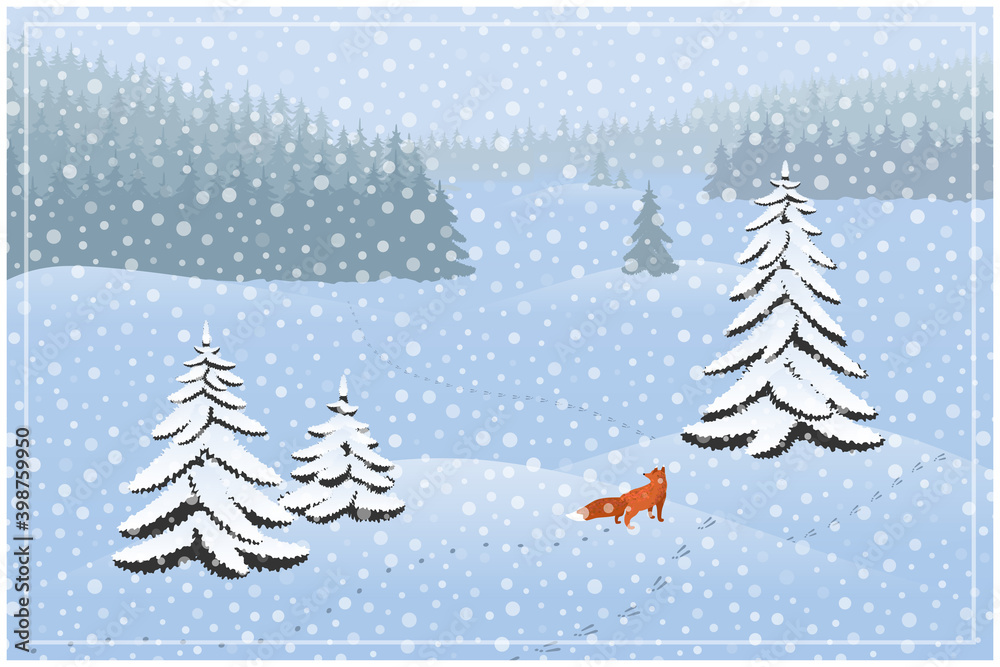 Winter landscape. Spruce forest and Fox hunting
