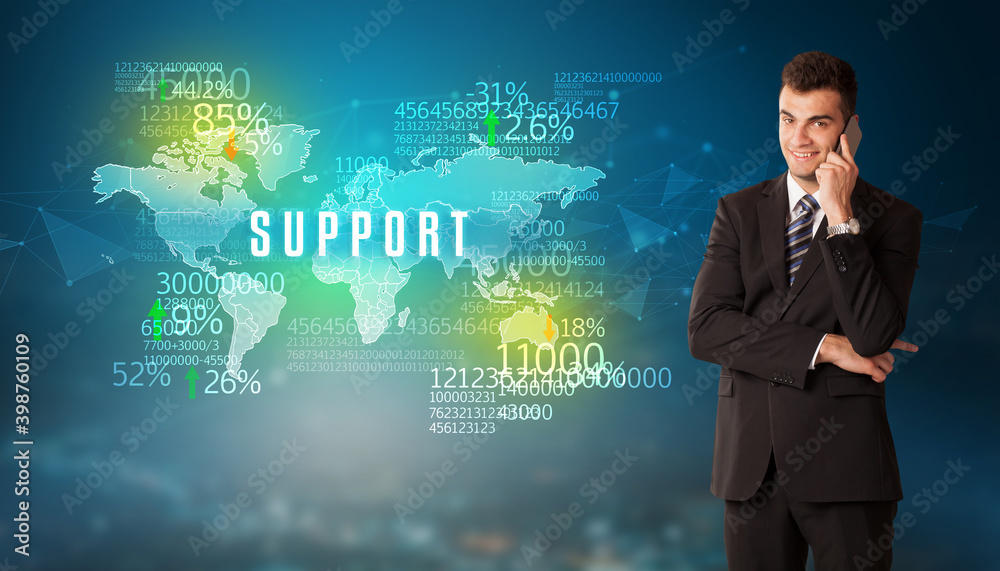 Businessman in front of a decision with SUPPORT inscription, business concept Businessman in front of a decision with SUPPORT inscription, business concept