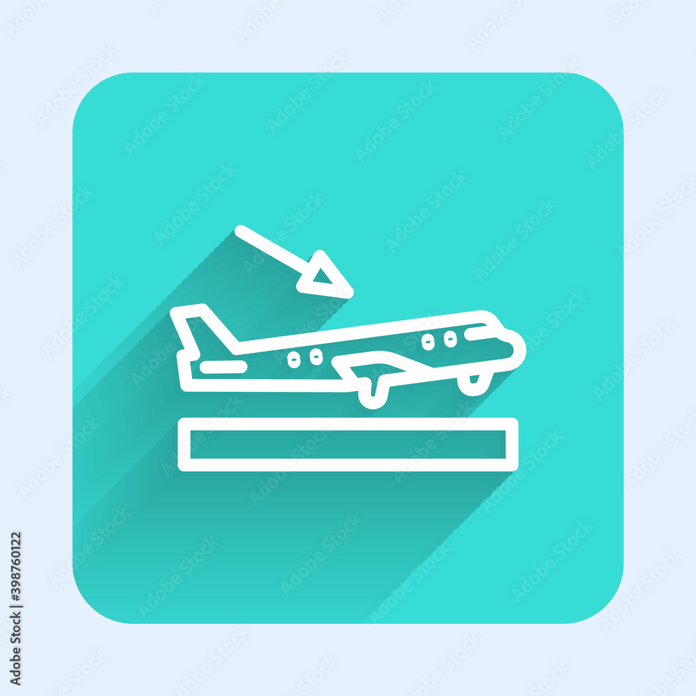 White line Plane landing icon isolated with long shadow. Airplane transport symbol. Green square button. Vector. White line Plane landing icon isolated with long shadow. Airplane transport symbol. Green square button. Vector.