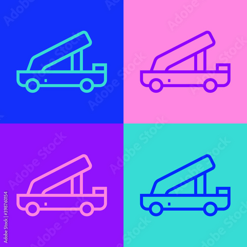 Pop art line Passenger ladder for plane boarding icon isolated on color background. Airport stair travel.  Vector.