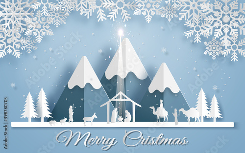 card or banner on Merry Christmas represented by a nativity scene with animals, three wise men on a white and blue background with mountains and snowflakes