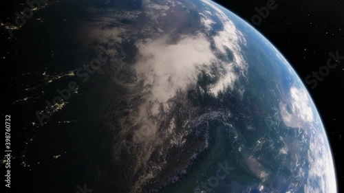 Beautiful sunrise over Earth. View from the space satellite. Cities at night. Change from Night to Day 3d Animation Rising Bright Sun. Modern business and technology concept. 4K Ultra HD.