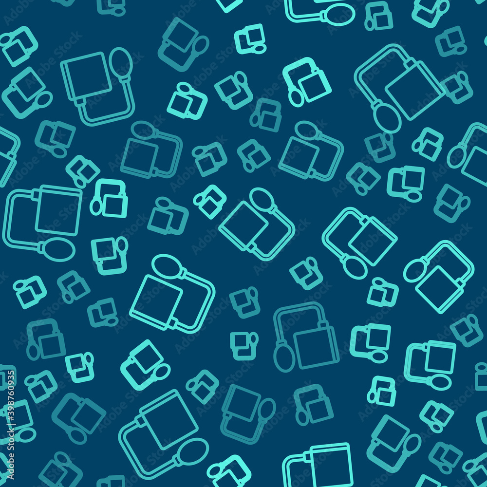 Green line Blood pressure icon isolated seamless pattern on blue background. Vector. Green line Blood pressure icon isolated seamless pattern on blue background. Vector.