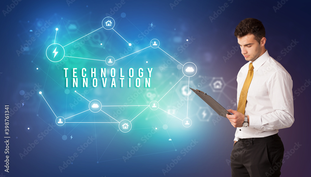 Businessman in front of cloud service icons with TECHNOLOGY INNOVATION inscription, modern technology concept Businessman in front of cloud service icons with TECHNOLOGY INNOVATION inscription, modern technology concept
