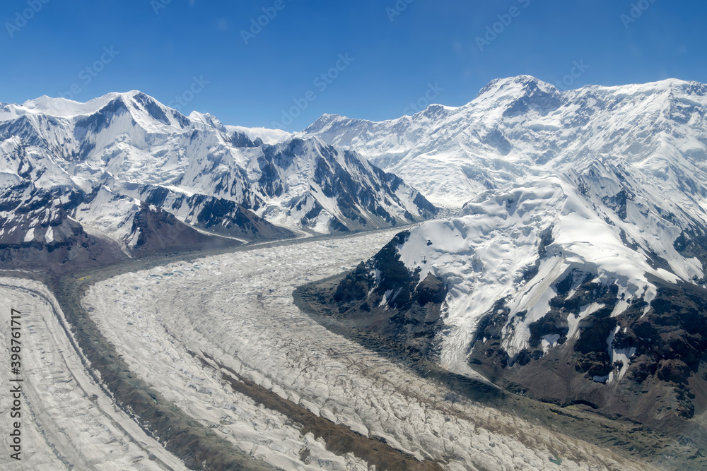 Aerial view of South Engilchek Glacier and Pobeda Peak (7439), Central Tian Shan, Kyrgyzstan.