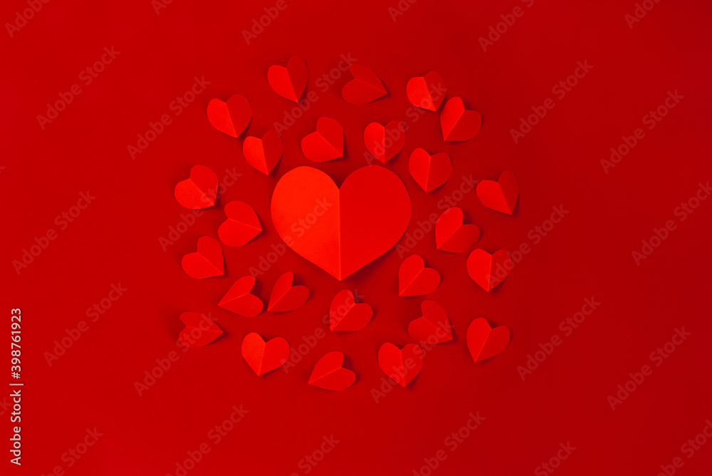 Valentine's Day concept with red hearts on red background,  Flat lay, copy space