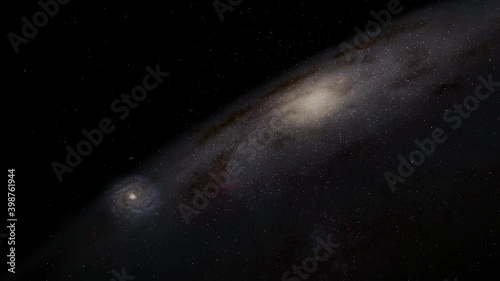 Exploration of galaxies through outer space towards a bright milky-way galaxy. 4K looping animation of flying through bright nebulae, clouds, and star fields. 